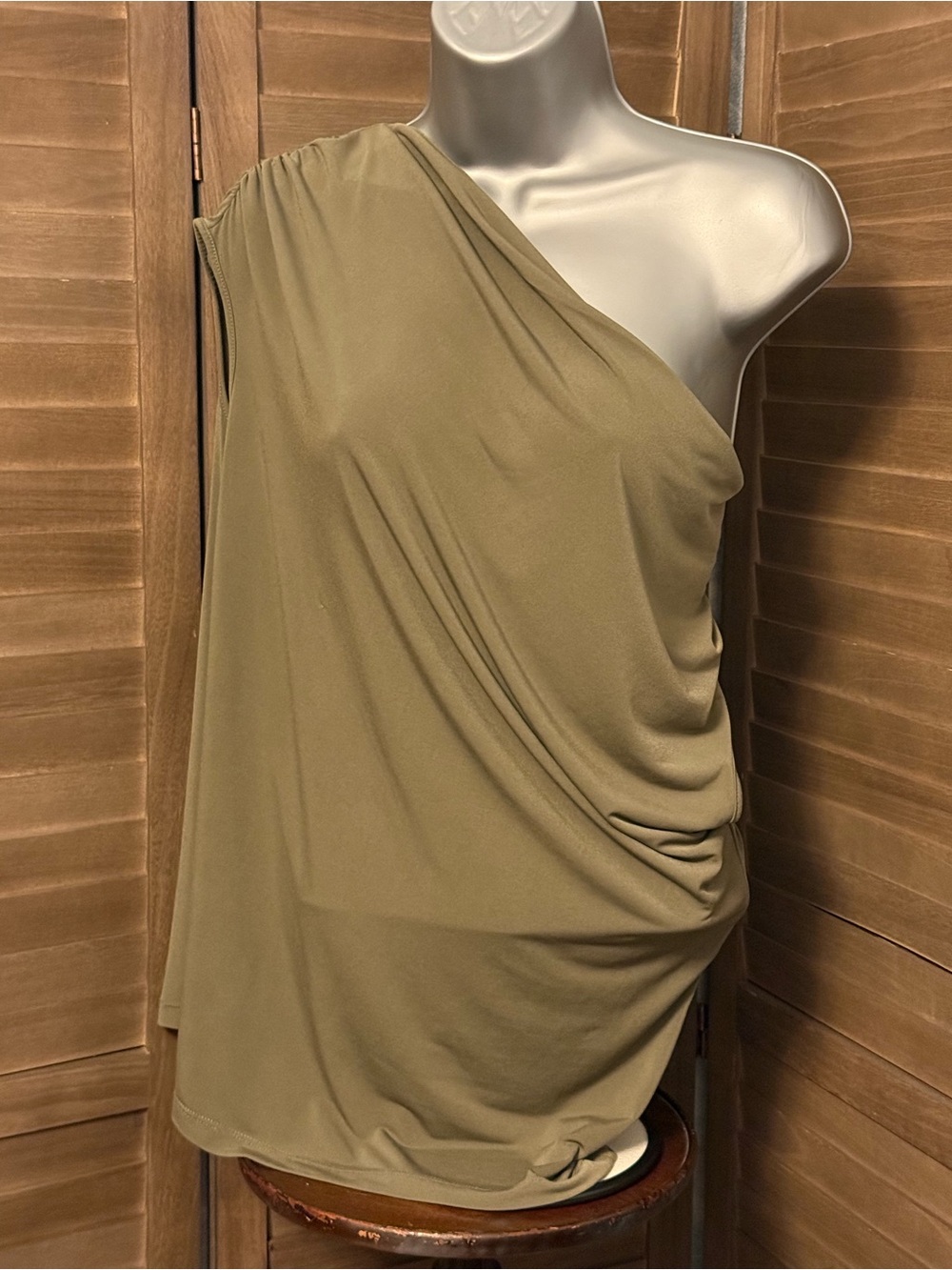 Cowel neck business or business casual. Olive green sleeveless blouse.